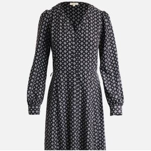 Michael Kors Black White Geometric Floral Long Sleeve Dress Large crepe de chine